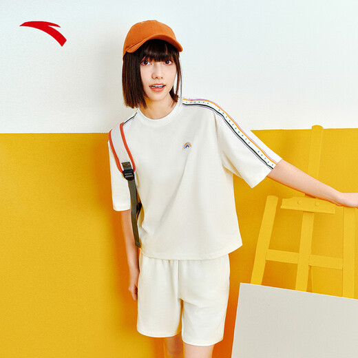 Anta Rainbow Sports Sports Summer de manga corta para mujeres pantalones cortos redondos de cuello