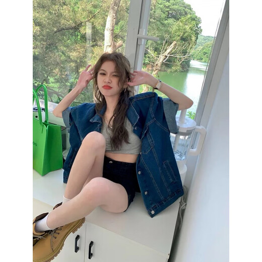 南糖三色港风牛仔短袖衬衫外套女2025夏季新款深蓝色设计感宽松中长款上衣 蓝色#9435 S