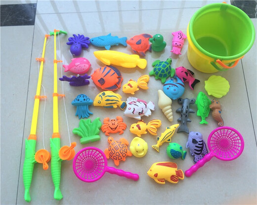 Other homes Tiantian children's fishing toy fishing rod magnetic double-sided three-dimensional fish set large fishing rod 50 fish 2 shrimp fishing rod 2 net fishing 2 buckets