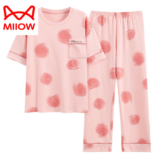 猫人（MiiOW）织睡衣女夏季纯棉短袖长裤薄款全棉夏天女士家居服套装春秋季 YZT9716 短袖长裤 M 80-100斤