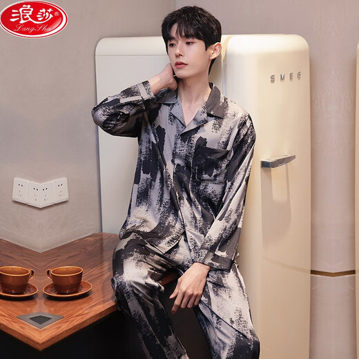 Langsha (Langsha) Mulberry Silk Pajamas Spring y otoño Nuevo traje de manga larga de gran tamaño para hombres de seda de verano para hombres 6627 Meteor l