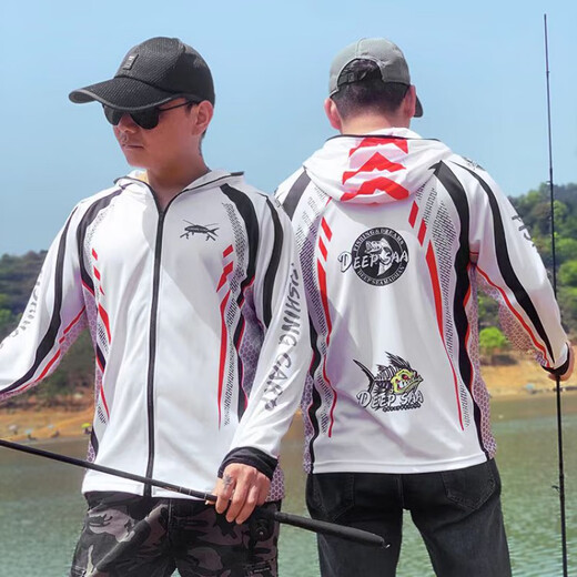 2025 new fishing sun protection clothing men's suit ice silk breathable sun protection quick-drying anti-mosquito sports fishing clothing customization 002 red top + gray pants L recommended 115 to 135 Jin Jin equals 0.5 kg