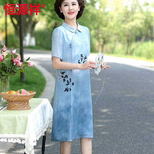 恒源祥妈妈装2025夏装新款真丝连衣裙40岁50夏天裙子中老年女短袖母亲节 绿色【高品质】 L