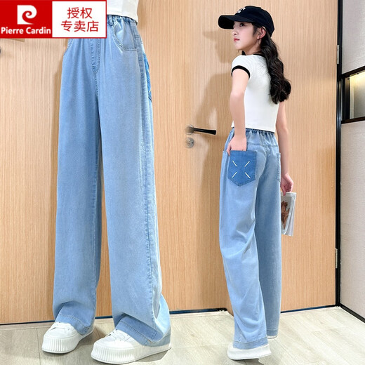 Pierre Cardin Girls 'Hosen Sommer Dünne Kinder Jeans Mädchen Sommerkleidung 2025 Neue Hose mit breitem Bein 15013 Blau + 9921 Weiß M 170c