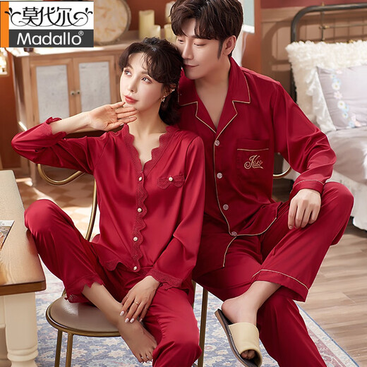 Modal wedding pajamas, newlywed couple suit, zodiac year ice silk spring and autumn red long-sleeved women and men pair of home clothes J-608 male J-105 female wine red M female