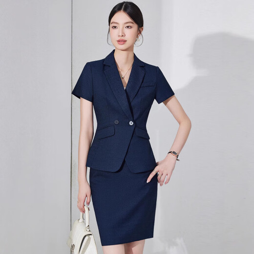
Summer professional suit short-sleeved small suit collar coat for women new style hotel front desk workwear formal suit waist-hugging work new style blue single piece suit (JY6210) S