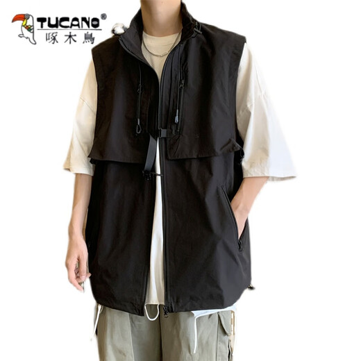 啄木鸟（TUCANO）夏季新款潮牌机车工装马甲男生日系复古宽松百搭拉链无袖坎肩外套 黑色 XL
