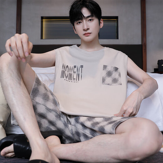 Modal Herren Pyjamas Sommer Baumwollhülsen und Sommer 2025 Neue Weste Plaid Shorts VERSATILE Home Cloding Grey OY655A3 3XL (geeignet für Gewicht 168-195jin [Jin entspricht 0,5 kg]))