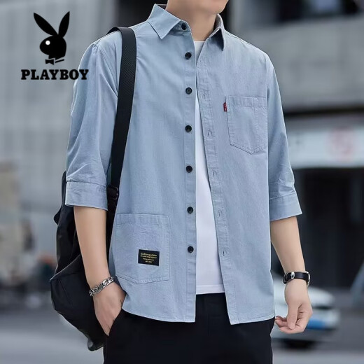 花花公子（PLAYBOY）纯棉七分袖衬衫男夏季薄款高端中袖衬衣男士休闲短袖t恤男款外套 723/灰色（七分袖衬衫） 3XL