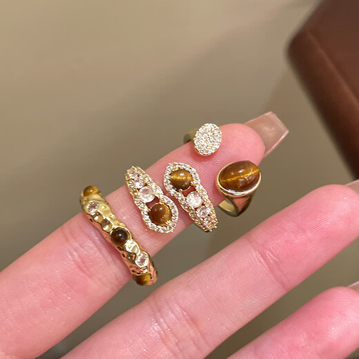 Buck Lemelard Zirconia Tiger Eye Open Ring Women's Niche Versatile Design Index Finger Ring Fashionable and High-end Hand Accessories Ring - Gold - Style 1