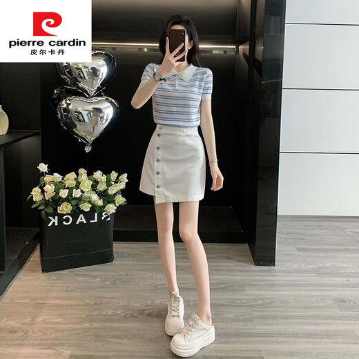 皮尔卡丹（pierre cardin）夏季2025新款韩系条纹短袖上衣显瘦百搭牛仔短裙套装裙两件套夏季 套装 条纹上衣7419A+半身裙7170B S