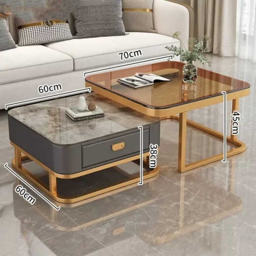 Yinhe light luxury coffee table living room home modern simple small apartment internet celebrity square glass slate coffee table TV cabinet combination black frame gray cabinet 60 gloss snow mountain white + 70 black glass square glossy slate