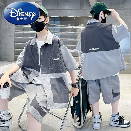 迪士尼（Disney）男童夏装套装新款夏季中大童儿童男孩夏款短袖衬衣痞帅潮衣服 TZK679-灰色套装 120 建议身高140-150厘米