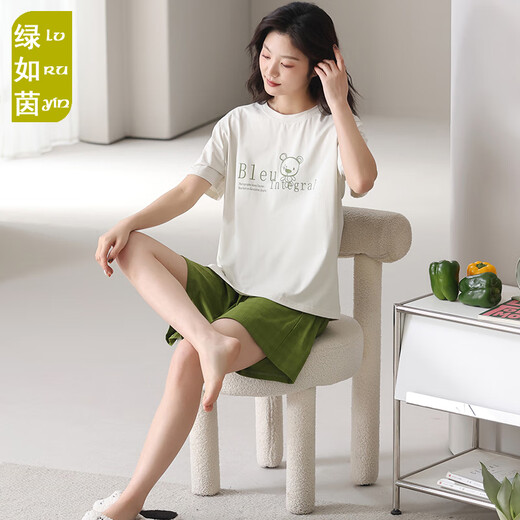 Green Modal summer thin pajamas women's short-sleeved shorts can be worn on the outside for simple two-piece suits for girls' home clothes QQB6630 women M