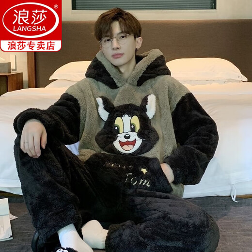 Langsha (langsha) men's pajamas men's coral velvet winter student cartoon loose winter flannel thickened plush home clothing set *ZS*9901 [Double-sided plush set] M small (75-95Jin [Jin equals 0.5 kg])