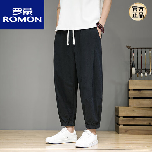 Romon Leinen geschnittene Hosen Herren Sommer dünne lockere versteckte Fußbloomer Großgröße Straight Harem Hosen lässige Baumwollwäsche Hose schwarz 2xl