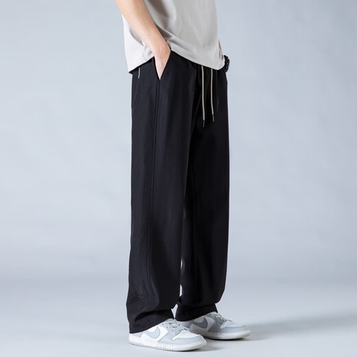 
POUM ice silk straight pants men's summer loose sports breathable drape wide-leg quick-drying pants 6636 black XL
