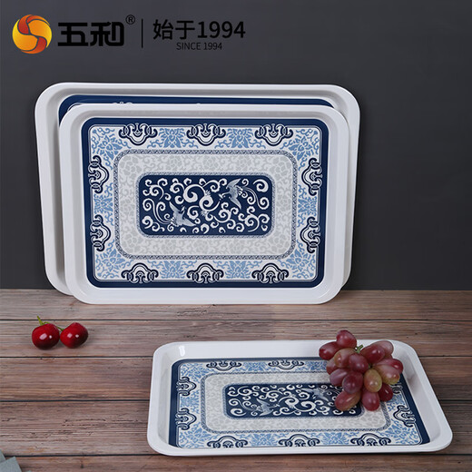 Wuhe (WUHE) household tray rectangular living room water cup tray tea tray Nordic cup tray melamine children's fruit tray blue and white tray (39.5*28.2*2.0 CM)