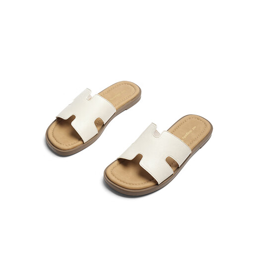 红蜻蜓拖鞋女2025夏季简约时尚户外一字拖平跟拖WTK25305 米白色  39 