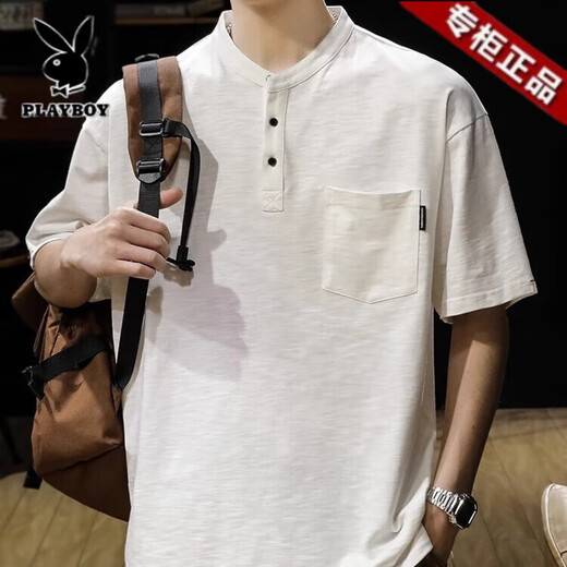 Playboy; PLAYBOY American short-sleeved T-shirt men's summer loose large size five-point half-cuff pocket Henry collar base shirt sweat shirt white 2XL [suitable for 160-180Jin [Jin equals 0.5 kg]]