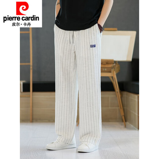皮尔卡丹（pierre cardin）条纹裤男中国风复古宽松直筒裤夏季薄款棉质料裤子男士休闲裤针织 麻色 M 100-120斤
