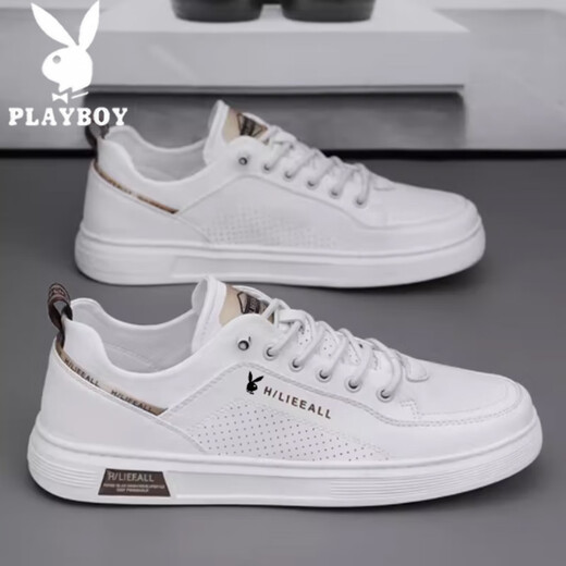 Playboy Herrenschuhe Frühling und Sommer weiche Bodenschuhe Herren echte Leder-Freizeitschuhe Mode weiße Schuhe Nicht rutschende und transparente Playboy 1105 White Grey 44
