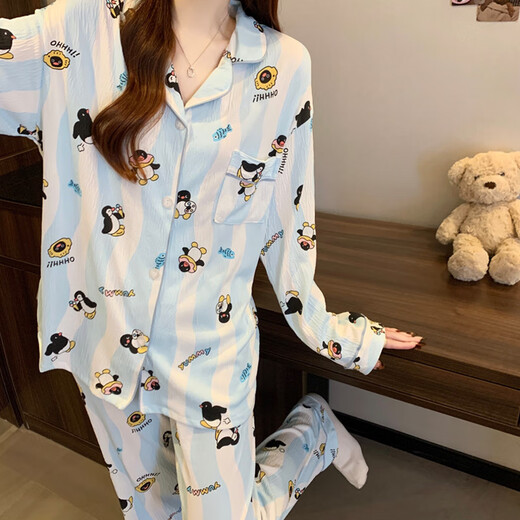 S.Sofea Little Penguin Wavy Stripe Langarm Pyjamas Frauen können Hauskleidung für Hauskleidung für den Frühlingsstil im Freien tragen.