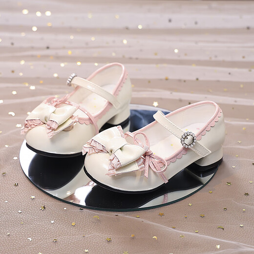 Girls' small leather shoes, children's shoes, princess shoes, spring and summer new little girl high heels, Lolita style shoes, white DDX302 milk puff rice 30, inner length 19.0CM