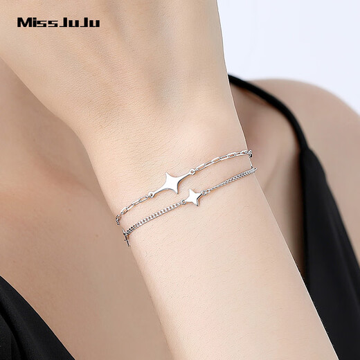 Miss JuJu pt950 platinum double layer bracelet platinum lucky star pendant bracelet new AB chain body weight 5.6-5.8g length 16+2cm