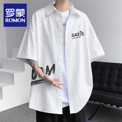 Romon weiße Kurzärärmungshemd Herren Sommer Japaner loser Tops Jungen Trendy Branddruck hübscher Hemdjacke Männer Mdsp834 Black M ungefähr 90 ~ 115 Jin [Jin gleich 0,5 kg] kann getragen werden