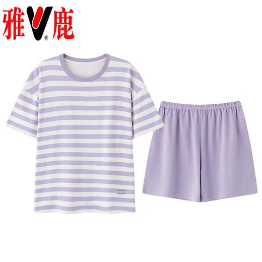 雅鹿棉质短袖睡衣女夏季薄款带胸垫甜美少女学生圆领夏天家居服 短//袖短//裤：B12241 2XL 女125-140斤】