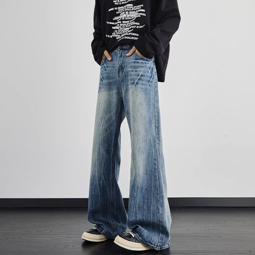 Rongxitu Herren-Waschung Jeans gerade lose lockere drapierte Weitbein 2025 Neue Frühlings- und Herbst-Herren-Schlampe 1047 Nostalgische Farbe m