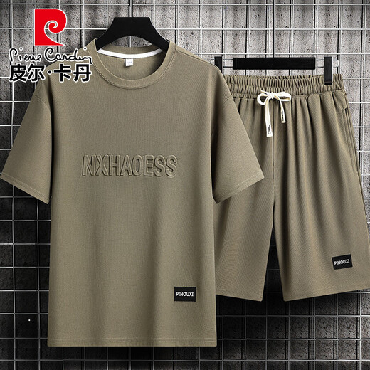 Pier Cardin Casual Sports Suit Мужской летняя модная бренда Ледяная футболка тонкие шорты Большой размер короткие рукава красивые в паре с двумя частями SET-TZ829 Khaki Top + брюки M Рекомендуется 90-110JIN [JIN равно 0,5 кг]