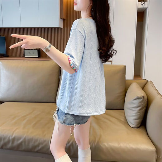 AEMAPE夏装女装刺绣白色短袖T恤女2025新款夏季小个子上衣夏天衣服 KM9277-蓝色 M 建议80-110斤
