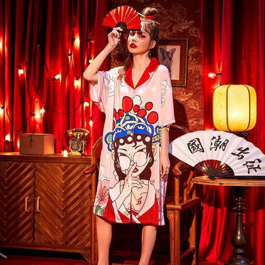 FHHUABD新中式国潮晨袍婚礼新娘伴娘团搞怪睡衣夏季冰丝凉爽睡裙家居服 国潮702短袖墨绿 M 建议80斤-110斤