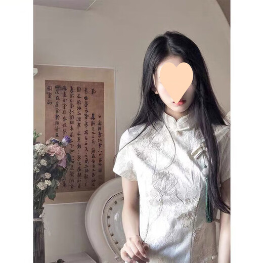 COLORFUL GEMS夏日旗袍白色连衣裙少女气质国风 846米白色 绿色吊坠 M