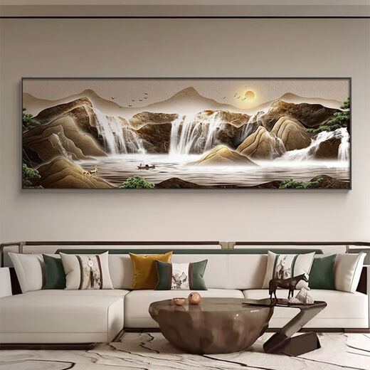 周末岛流水生财山水风景客厅装饰画新中式沙发背景墙挂画大气聚宝盆壁画 宝聚灵山 18060cm*1厘米 黑色铝合金框+晶瓷画