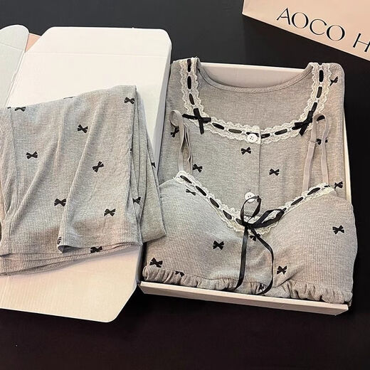 Fhhuabd-Pyjamas mit Baumwoll-Reisstadel für Frauen Frühling und Herbstmodal warm warm, langhärme graue Schlinge Bug Kleidung Drei-teilige Set 6621#. Schwarz-MODAL-DREI-SET XL empfohlen 120-135jin [Jin ist gleich 0,5 kg]