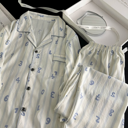 Men's pajamas for men's spring and autumn 2025 new cloud cotton long sleeve thin style youth summer large-size home clothing 12401 [High-quality cloud cotton] L [100-130Jin [Jin equals 0.5 kg]]