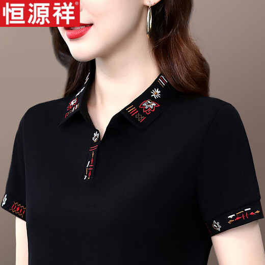 恒源祥高端t恤女夏新款polo衫薄款短袖减龄中年妈妈宽松大码别致棉上衣T 6623B黑色（字母刺绣） M (适合80到99斤)
