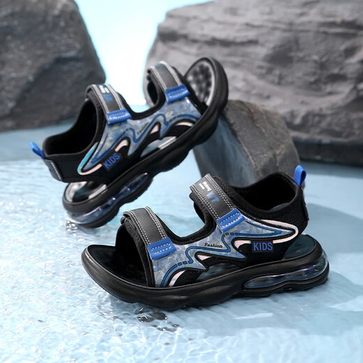 Children's shoes 2025 summer style children's sandals for boys, medium and large children, soft-soled beach shoes, sports sandals, outdoor leisure 1926 black lake blue, size 41/shoe inner length about 264cm
