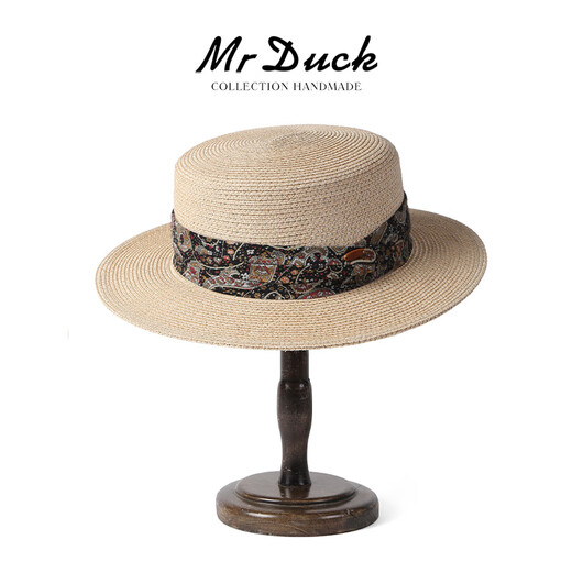 Mr DUCK Light Luxury Grade Imported Philippines Ultra-Lightweight Breathable Natural Linen French Flat Top Hat Large and Small Head Circumference Hat MS56329-Light Rice (Flat Top Straw Hat) S(52-54cm)