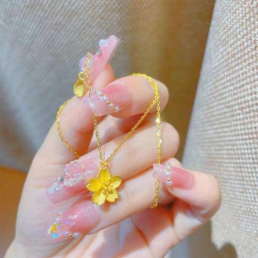 UDL24K pure gold petal pendant 999 pure gold cherry blossom necklace women's new fashion temperament 5G gold clavicle chain gift 0.01g cherry blossom set chain
