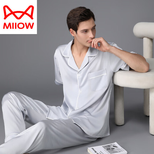 Catman (Miiow) Pyjamas Herren Sommerseide Dünne kurzärmelige Hose Frühling und Herbst Hauskleidung Seide Europa und Amerika 2025 Neuer Stil Schwarz grau 3899 l (Gewicht 100-130 Jin [Jin entspricht 0,5 kg])