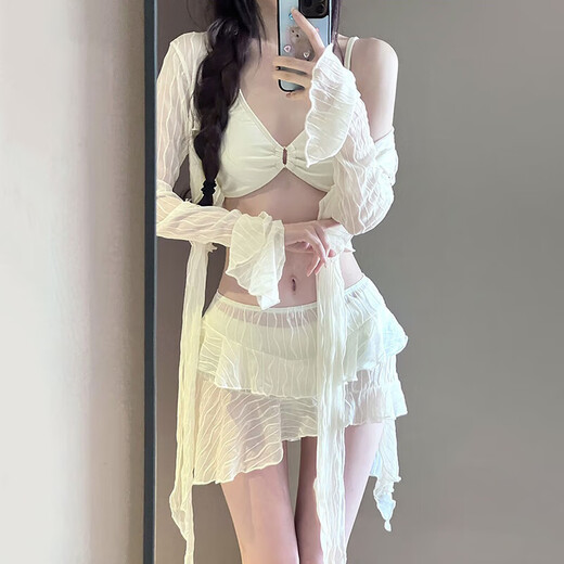 Lu Geli Bikini Swimsuit Women's Hot Spring High-end Four-Piece Set Small Fresh and Sexy Split Beach Vacation Swimsuit White Bikini Set [Suggested 90-120 Jin [Jin equals 0.5 kg]]