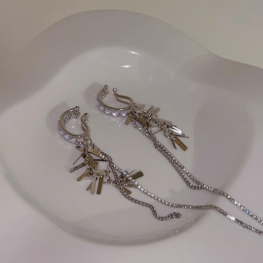 BJYL sparkling chain long extra-long tassel style non-pierced ear bone clip ear hook type high-end earrings women's new earrings ear bone clip (pair)