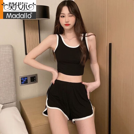 莫代尔睡衣女夏季网红时尚家居服2025一整套莫代尔运动服套装女外穿 背心套装 12035 黑色 M 建议80-95斤