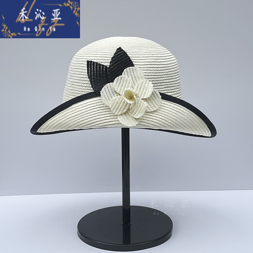 Heqinya Camellia Sun Hat Top Hat Small Fragrant Style Half-trim Straw Hat Summer Anti-snatch Fisherman Hat Rich Color Contrast Edge Black Camellia Half-trim Straw Hat M(56-58cm)