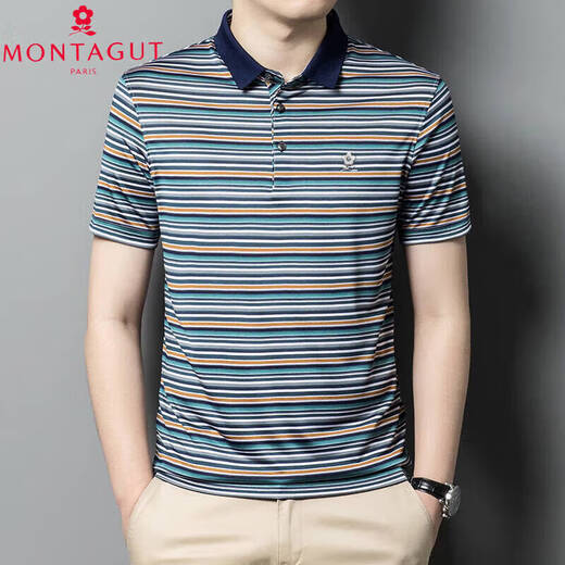 
Mengtejiao 2025 spring and summer short-sleeved T-shirt men's 100 mulberry silk summer casual lapel striped middle-aged POLO shirt 11FCY-N7003 green 11 2XL 185