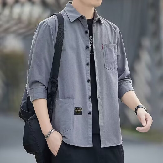 啄木鸟品牌男装防烫耐磨工作服七分袖衬衫男士夏季长袖春外套中青年上衣 723/卡其色（七分袖衬衫） XL